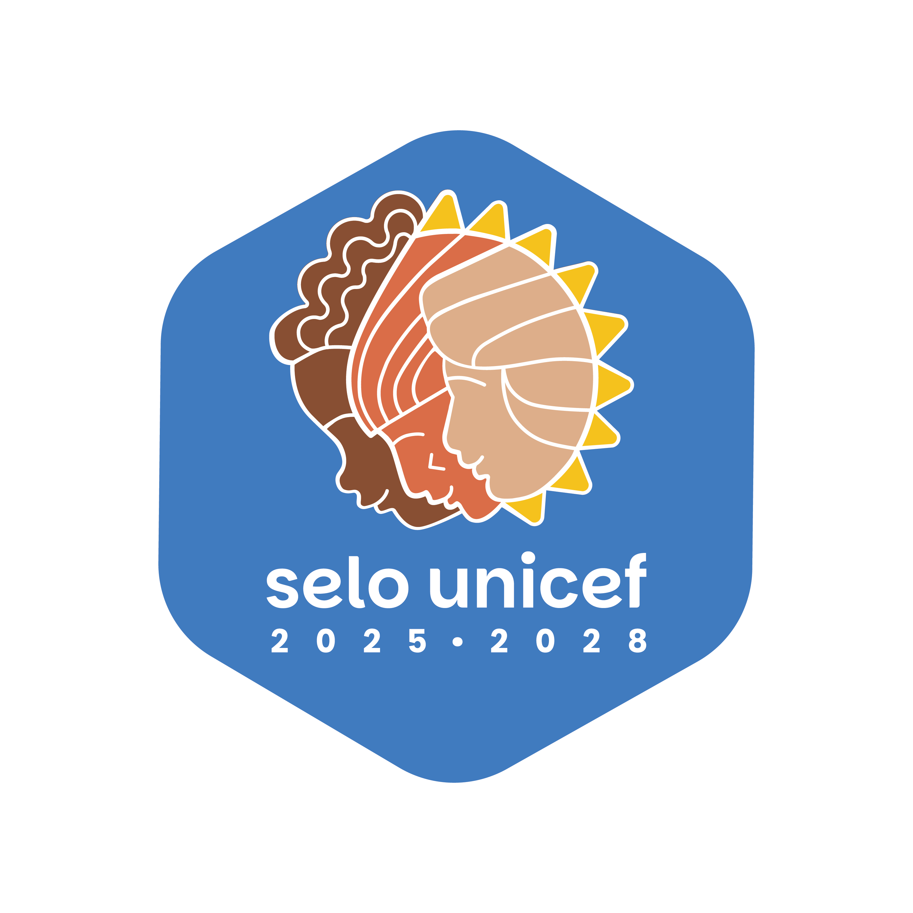Selo UNICEF de 2025-2028 mostrando um imagem com perfil de crianças de várias etnias