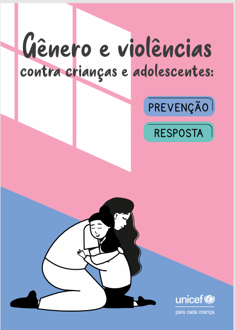 A imagem mostra a capa do guia gÃªnero e violÃªncias, o guia tem como cor de fundo rosa e azul e em primeiro plano uma mulher abraÃ§ando uma cmenina