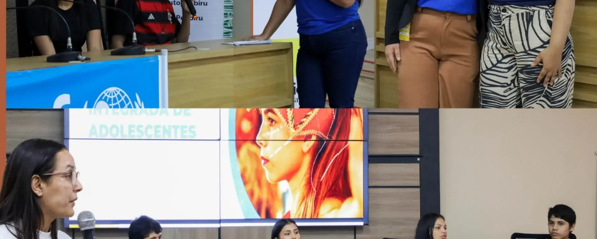 Mulheres pousam para imagens com o logo do UNICEF