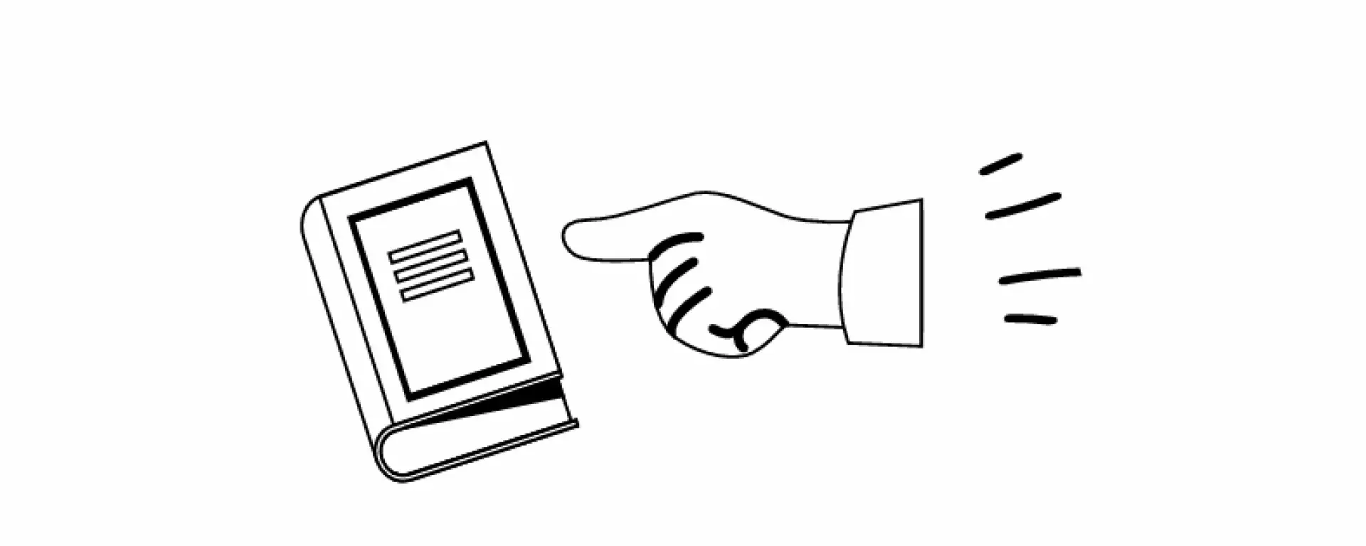 Em desenho, uma mão aponta para um livro, fundo branco e linhas pretas