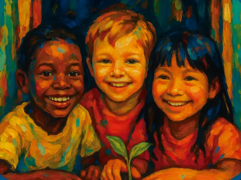 ilustração de três crianças de etnias diferentes sorrindo em uma janela