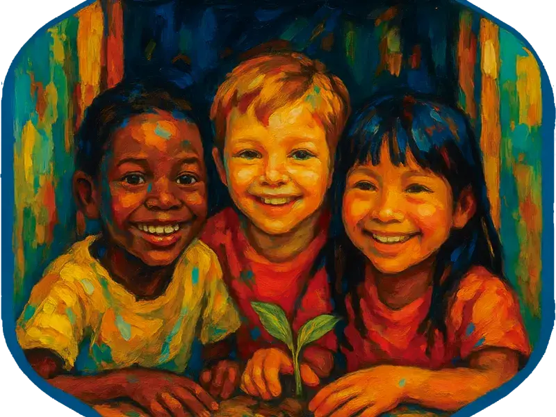 ilustração de três crianças de etnias diferentes sorrindo em uma janela