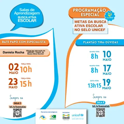 Imagem mostra a programação:   * 02/05 (terça-feira), às 10h: Bate papo com Especialista. / 10/05 (quarta-feira) 8h: Plantão tira-dúvida. / 17/05 (quarta-feira) 8h: Plantão tira-dúvida. / 19/05 (sexta-feira) 13h15: Plantão tira-dúvida. /  23/05 (terça-feira), às 15h: Bate papo com Especialista