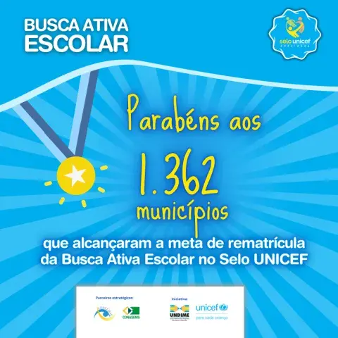 Imagem com fundo azul mostra uma medalha e o seguinte texto: Parabéns aos 1.362  municípios que alcançaram a meta de rematrícula da Busca Ativa Escolar no Selo UNICEF.  Imagem traz ainda logotipos do Selo UNICEF, da Busca Ativa Escolar, no topo, e no rodapé os logotipos da Coegemas, Conasems, Undime e UNICEF.