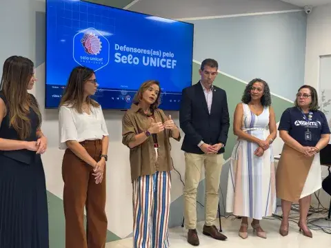 Cristiane Marques, Defensora Pública-Geral do Maranhão, discursando sobre a importância da parceira com o UNICEF 