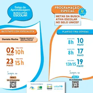 Imagem mostra a programação:   * 02/05 (terça-feira), às 10h: Bate papo com Especialista. / 10/05 (quarta-feira) 8h: Plantão tira-dúvida. / 17/05 (quarta-feira) 8h: Plantão tira-dúvida. / 19/05 (sexta-feira) 13h15: Plantão tira-dúvida. /  23/05 (terça-feira), às 15h: Bate papo com Especialista