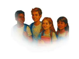 ilustração de um grupo de 4 adolescentes de diferentes genêros e etnias 