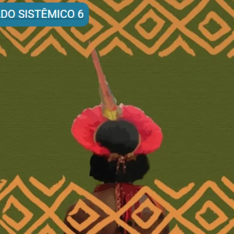 pessoa indígena, usando um adereço de cabelo, está de costa olhando o horizonte. Ao fundo tom azul e título resultado sistémico 6 