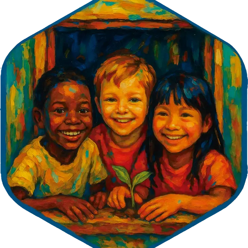 ilustração de três crianças de etnias diferentes sorrindo em uma janela